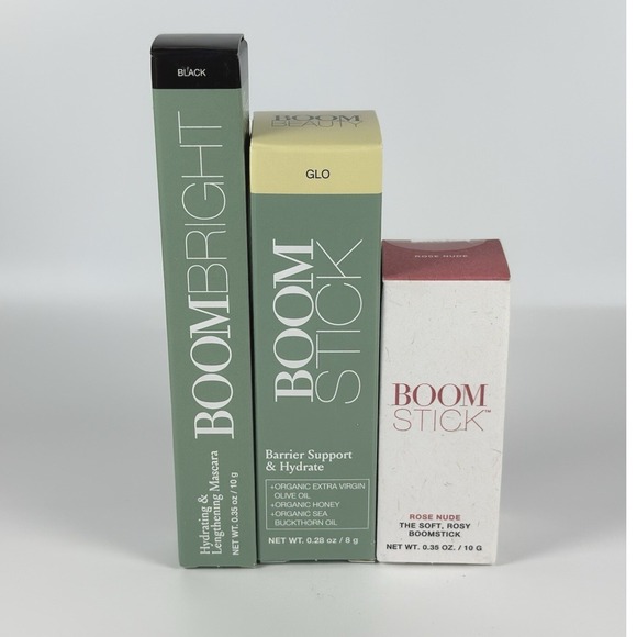Boom Beauty 3-Piece Set: Boom Bright Mascara, Glo & Rose Nude Stick New Sealed‎ - Picture 2 of 7